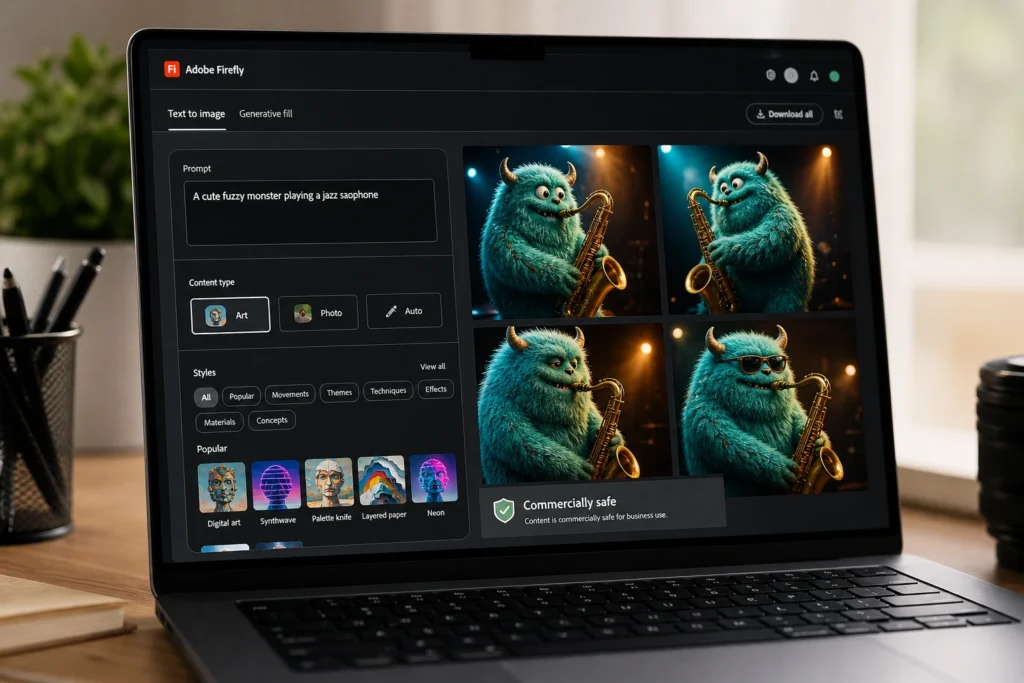 adobe firefly free AI image generator commercial use 2026 interface