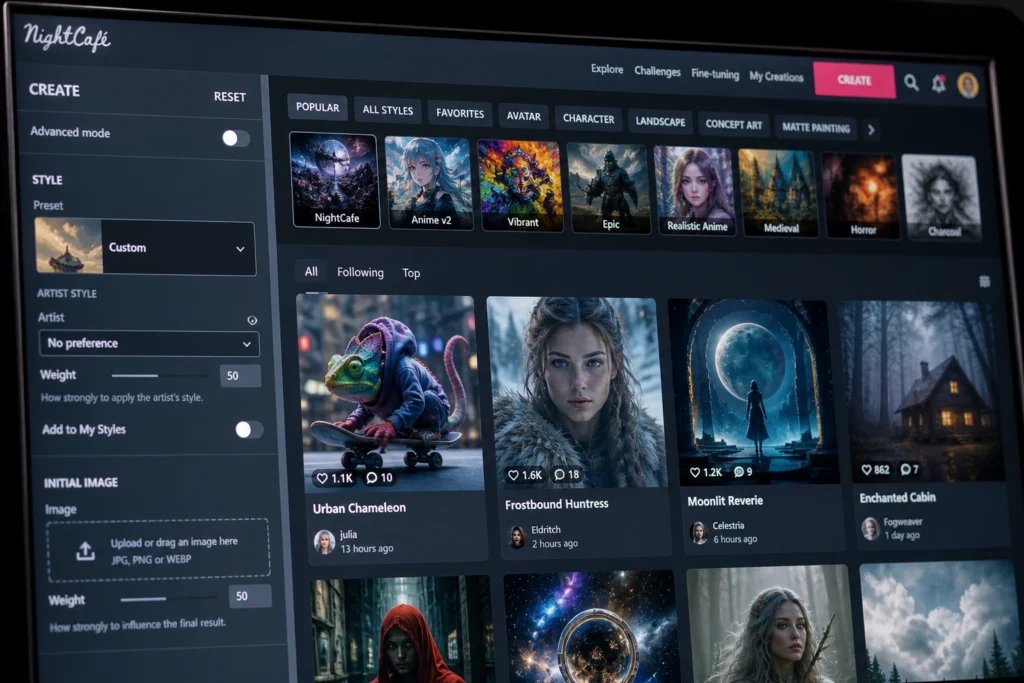 night cafe free AI image generator artistic styles gallery 2026