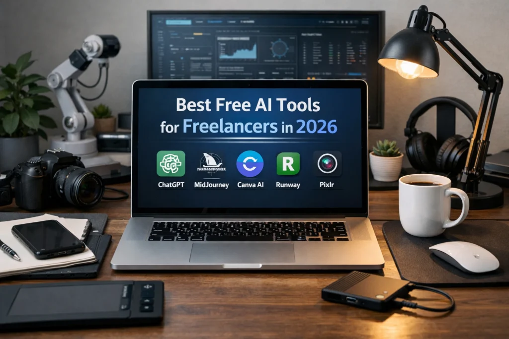 best free AI tools for freelancers in 2026 on laptop desk setup