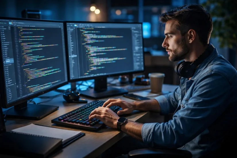 Software developer using AI coding assistants to compare ChatGPT, Claude, and Gemini
