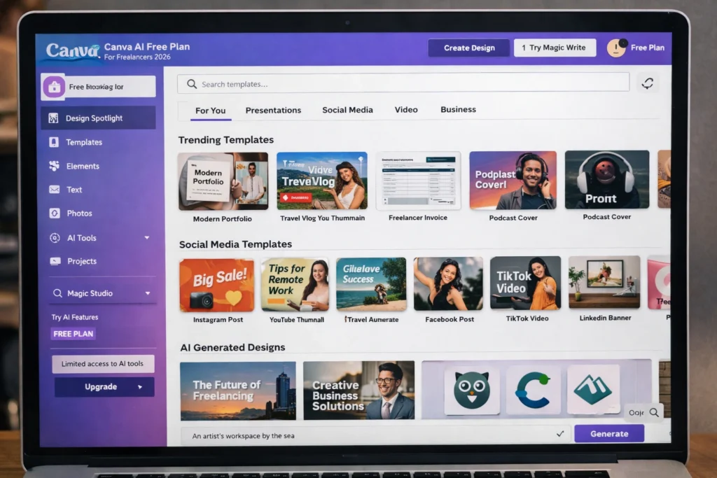create realistic image  canva AI free plan for freelancers 2026 template interface